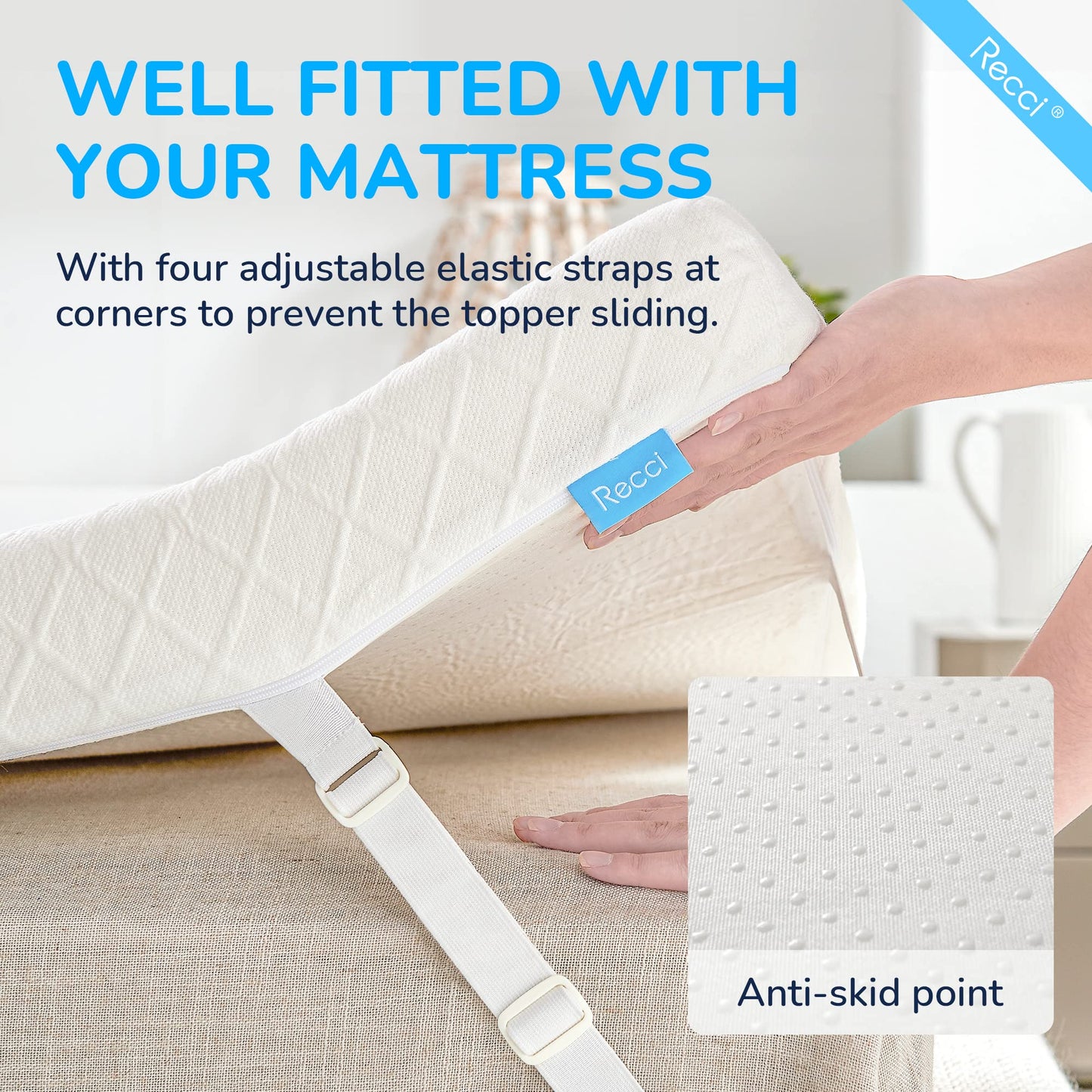 RECCI 2 Inch TwinXL Memory Foam Mattress Topper, College Dorm Pressure-Relieving Mattress Topper for Back Pain, Non-Slip Design with Removable & Washable Cover, CertiPUR-US Certified, TwinXL Size