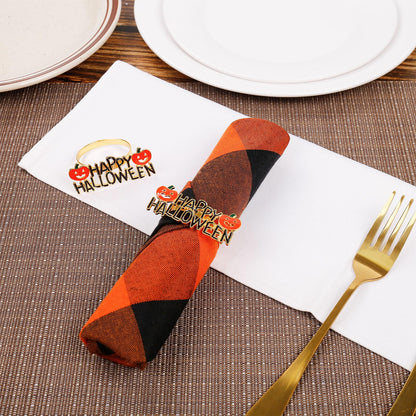 Getfitsoo Halloween Napkin Rings Set of 6, Happy Words With Orange Pumpkin Holders, Gold Metal Buckles for Party Decorations, Home Kitchen Dinner Table Setting