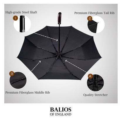 Balios Folding Umbrella Wood Handle Auto Open Close Vented Canopy Black