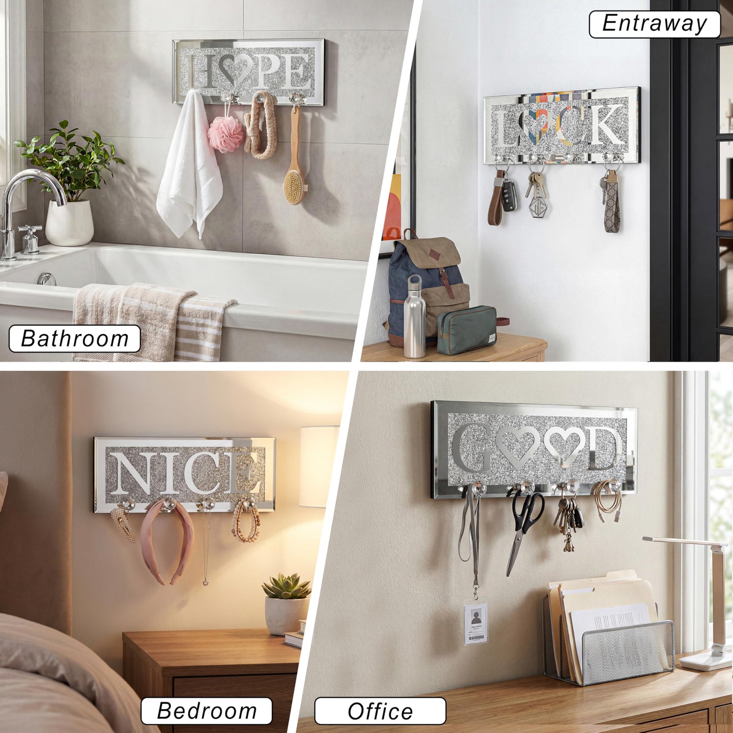 SHYFOY Crystal Clear Hooks Key Holder Key Hanger, Sparkly Mirrored Home Letters Plaque Sign for Decor, Silver Mirror Decoration Wall Art for Entryway Hallway Living Room, Hope Letter