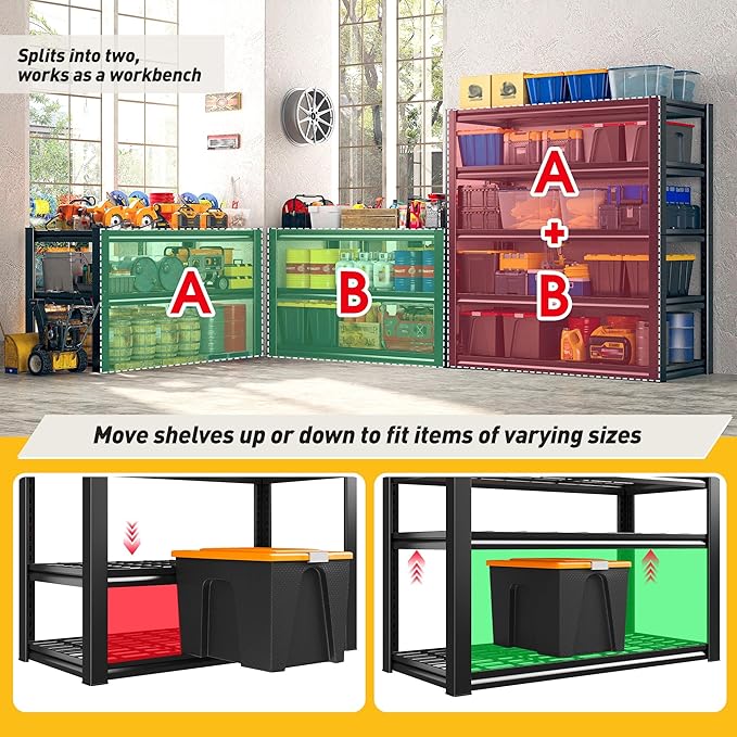 REIBII Garage Shelving 3200LBS, 5-Tier Storage Shelves, Adjustable Industrial Metal Shelving Unit for Garage, Basement, Pantry, Warehouse,Commercial, 36" W x 16" D x 72" H