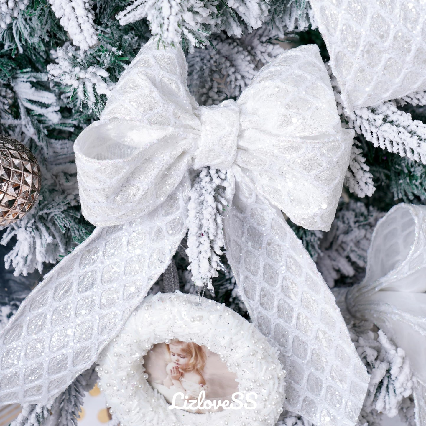 LIZLOVESS White Christmas Ribbon 2.5" Glitter Mesh Wired Ribbon for Christmas Tree White Diamond Honeycomb Ribbon for Gift Wrapping, Crafts, Wreath Supplies, Garland, Tree Topper Bows - 10 Yards