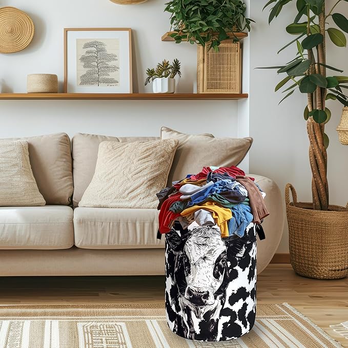 Personalize Black White Cow Laundry Basket Oxford Cloth Foldable Animal Laundry