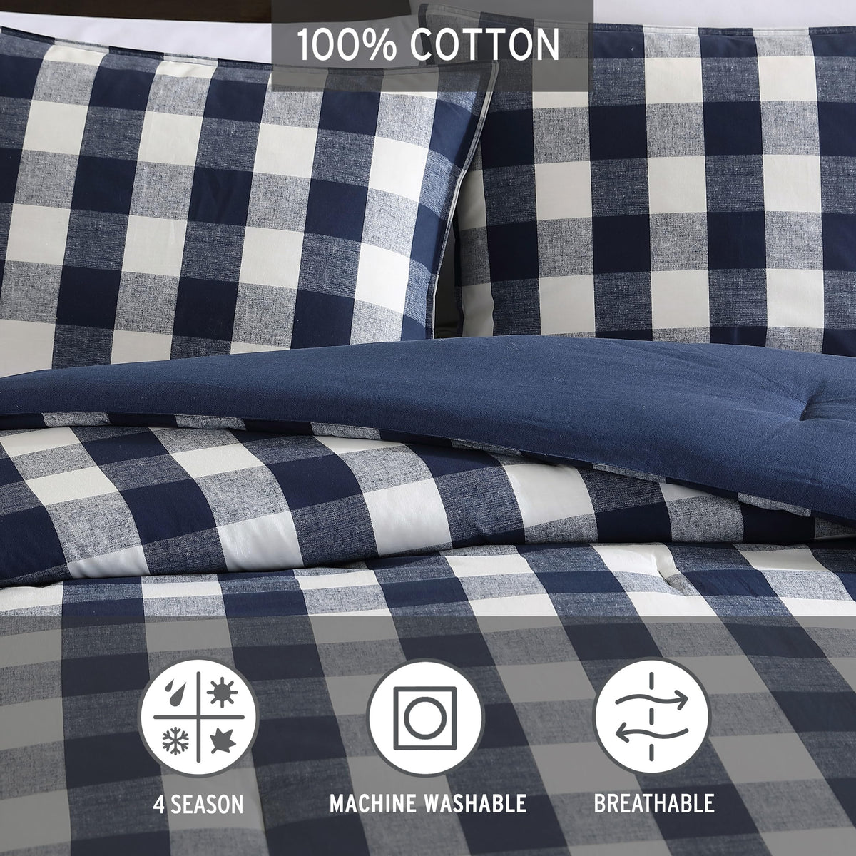 Eddie Bauer - Queen Comforter Set with Shams, Cotton Reversible Bedding, Medium Weight All-Season, Lakehouse Plaid Blue
