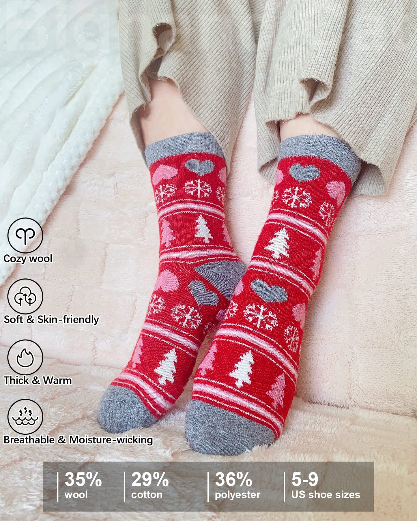 IIG Cute Warm Wool Socks for Women Super Cozy Thick Crew Winter Socks Gifts, 5 Pairs (Christmas 01-5 Pairs)