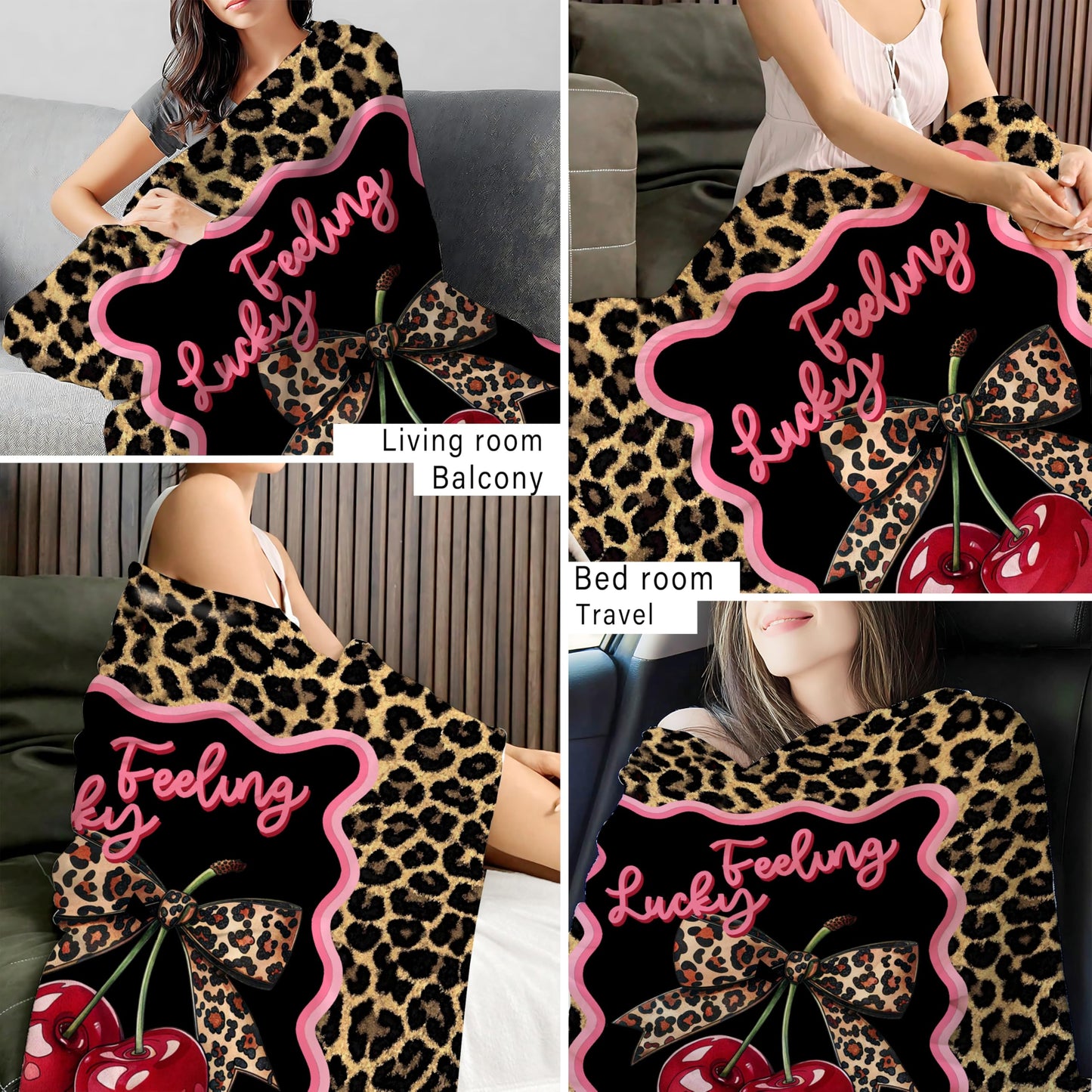 BUJSP Trendy Leopard Cherry Print Blanket, Leopard Print Room Decor, Funky Cherry Cheetah Feeling Lucky Throw Blanket for Home Bedroom Room Couch Bed Decor, 50x60 Inches