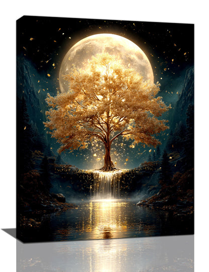 Golden Tree Wall Art Fantasy Tree with Moon and Waterfall Canvas Wall Decor Pictures Paintings Prints Mystical Nature Artwork Framed De corations For Meditation Space Bathroom Bedroom Living Room Office Gifts 12" x 16"