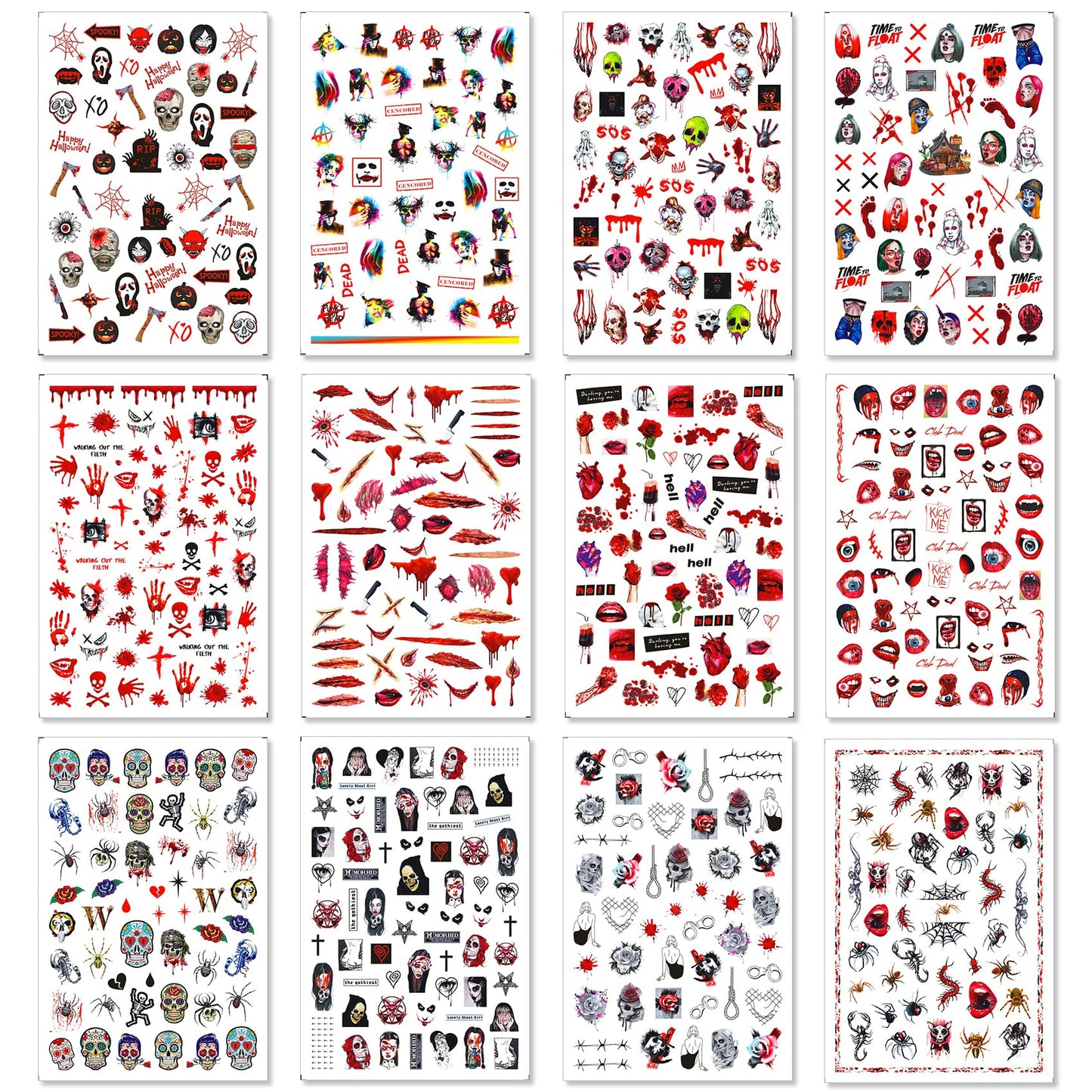 TailaiMei 12 Sheets Halloween Nail Stickers, 3D Horror Scream Scary Wound Scar Bloody Self-Adhesive Gothic Nail Art Decals for DIY Nail Decorations (Bleading Style)