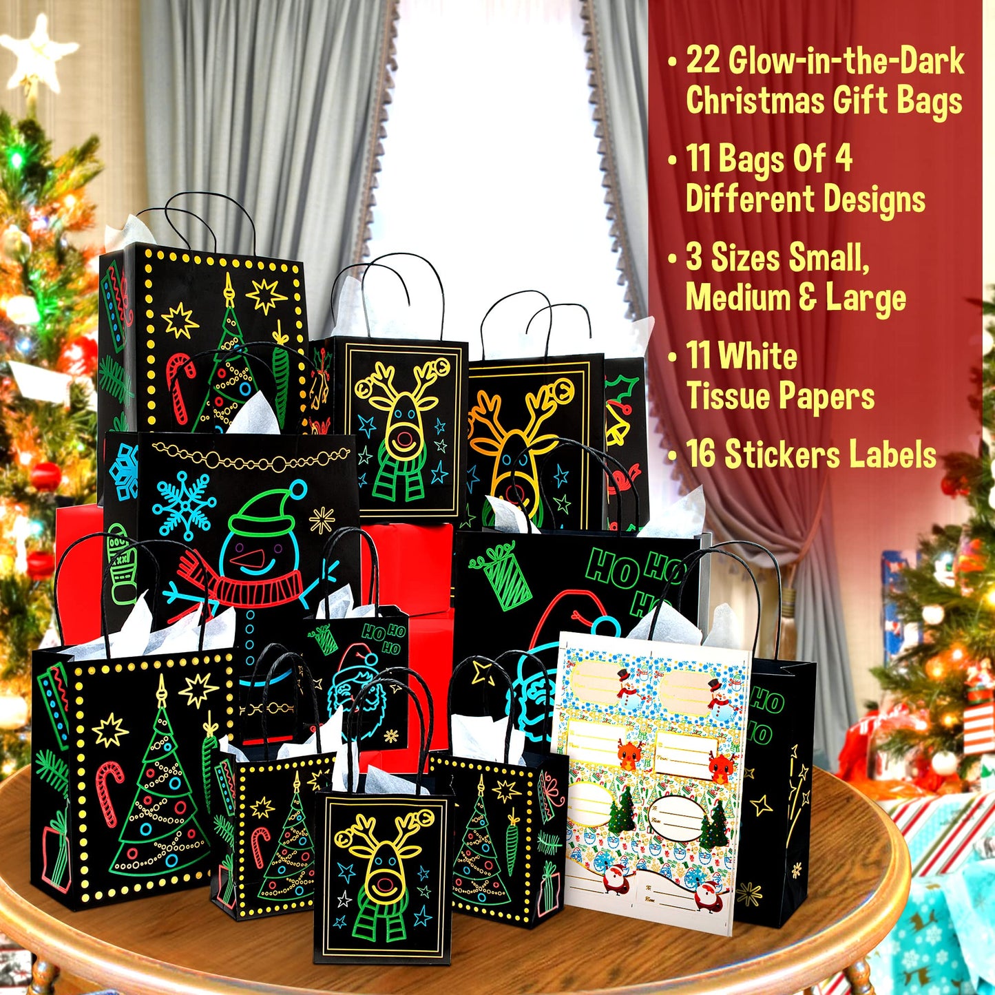 Christmas Holiday Glow-in-The-Dark Gift Bag, 22 Piece 11 Bags of 4 Different Designs, 3 Sizes Large Medium Small, 10 Stickers Labels, 11 White Tissue Papers, Gift Set with Unique Luminous Festive