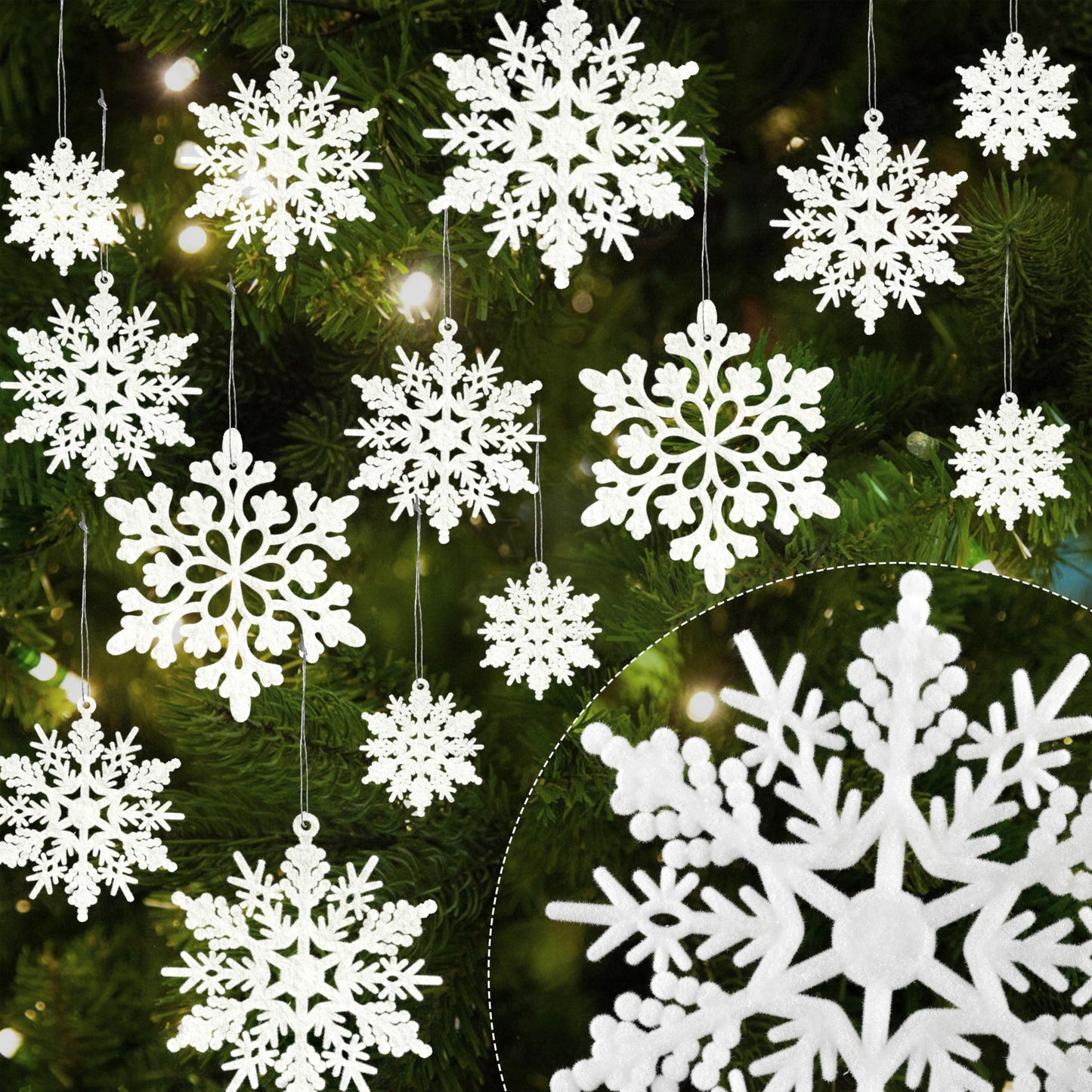 Christmas Snowflake Decorations Indoor, 36pcs White Flocked Christmas Snowflake Ornaments, Hanging Velvet Snow Flakes for Xmas Tree Decoration Winter Wonderland Party Baby Shower Holiday Home Decor