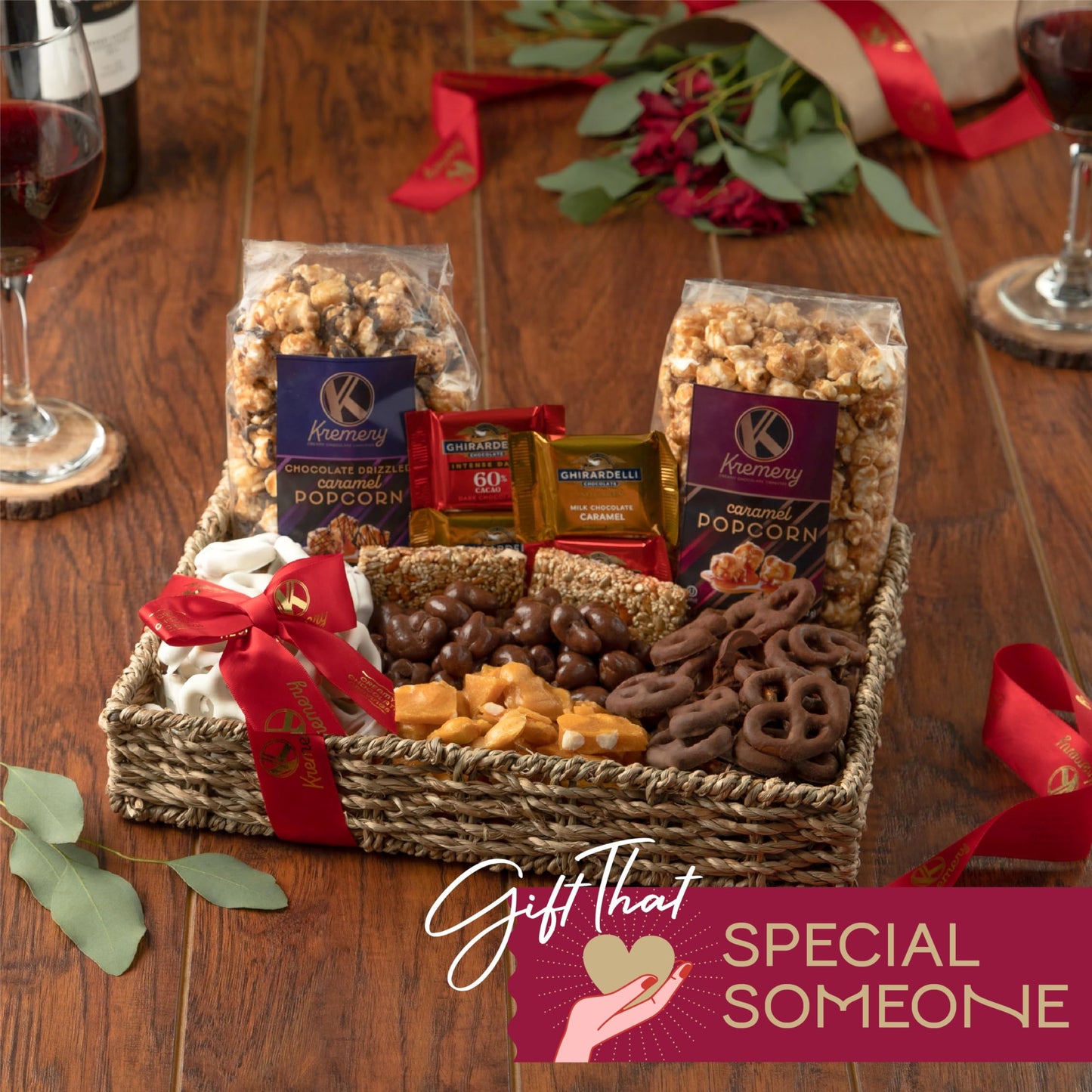 KREMERY Creamy Chocolate Cravings - Chocolate Covered Pretzels & Caramel Popcorn Gift Basket, in Seagrass Tray + Ribbon (Premium, 2.5 lbs) Food Arrangement, Food Assortments USA Made