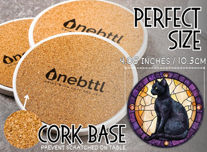 Onebttl Black Cat Gifts for Women, Black Cat Merch Coaster, Set of 6, Ceramic, Absorbent with Cork Base