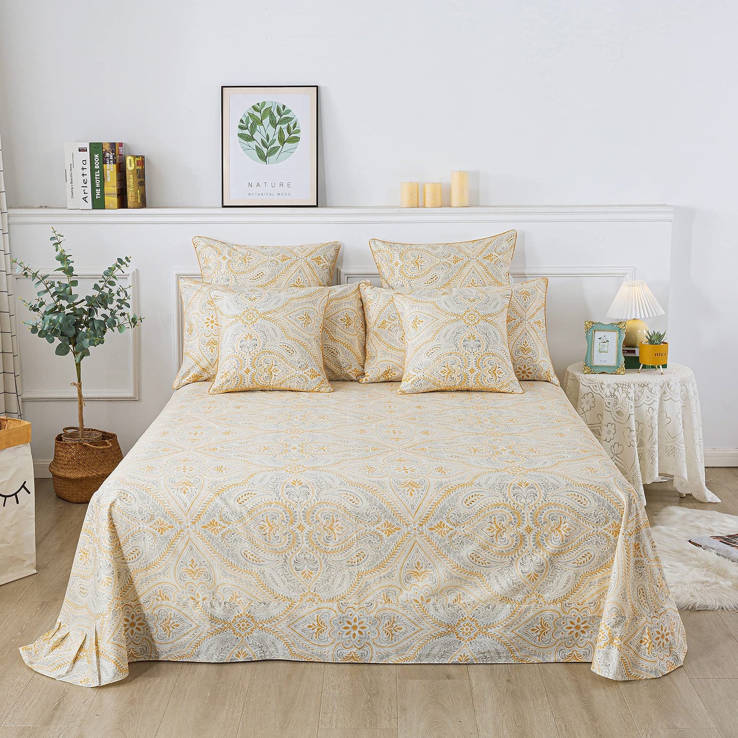 FADFAY Luxury Sheets Set Full Classical Damask Paisley Bedding Luxurious Gold Classy Paisley Bed Sheet Set Breathable 100% Cotton Ultra Soft Hypoallergenic Deep Pocket Fitted Sheet 4Pcs, Full Size