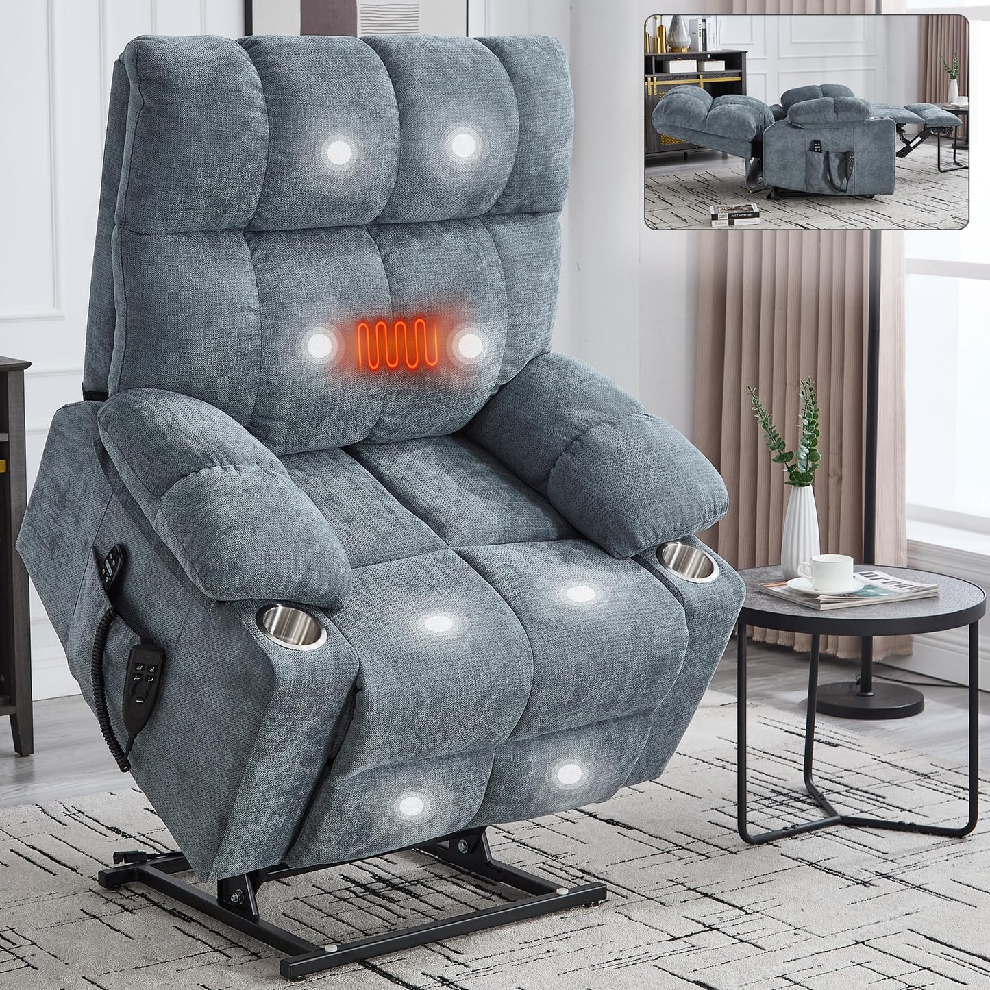 KEIKI Large Dual Motor Power Lift Recliner Chair for Adult, Chenille Upholstery Breathable Rocking Chair with Back Massager and Heated with Cup Holders, Modern Soft Living Room Lounge,Grey Blue