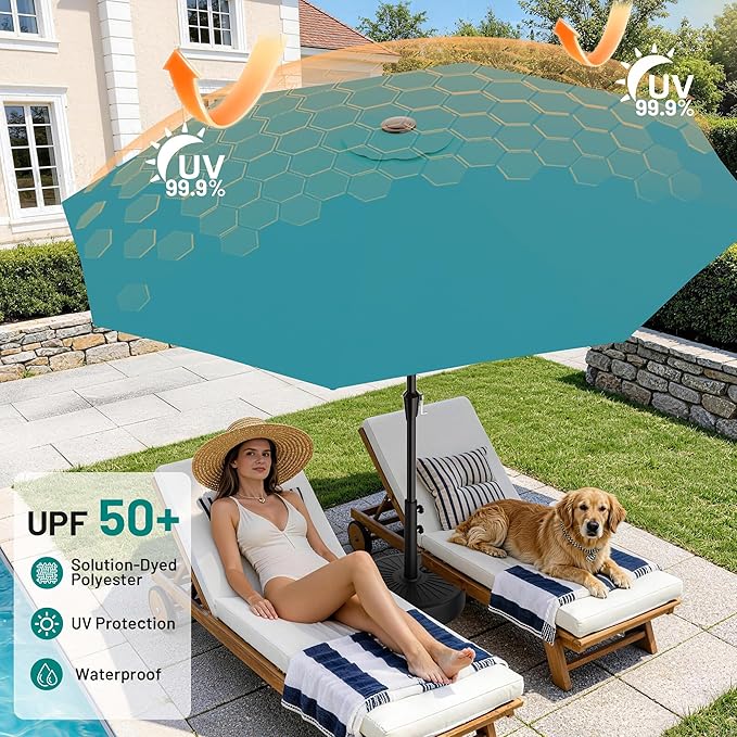 AreShark 9 FT Patio Umbrella for Outdoor, Outdoor Table Umbrella with Push Button Tilt and Crank, Outdoor Patio Umbrellas with 8 Sturdy Ribs for Market, Garden, Pool (Lake Blue)