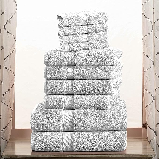 Superior Egyptian Cotton Solid Towel Set, Washcloths 13” x 13”, Hand Towels 20”