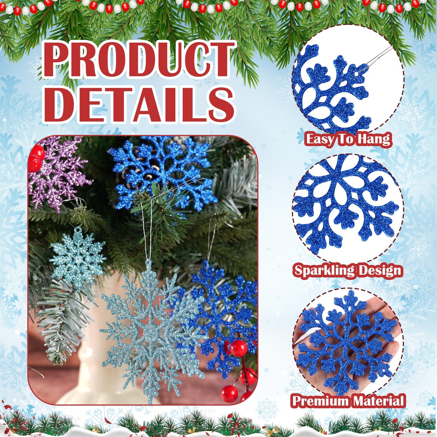 36pcs Light Purple Blue Silver Christmas Snowflake Ornaments, Plastic Glitter Hanging Snow Flakes for Christmas Tree Decorations Winter Wonderland Frozen Birthday Party Home Decor Craft Snowflakes