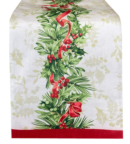 Newbridge Christmas Holly Ribbon Traditions Bordered 70 Inch Long Table Runner, Boughs of Holly and Berry Ribbon Garland Dining Table Runner for Holiday Party