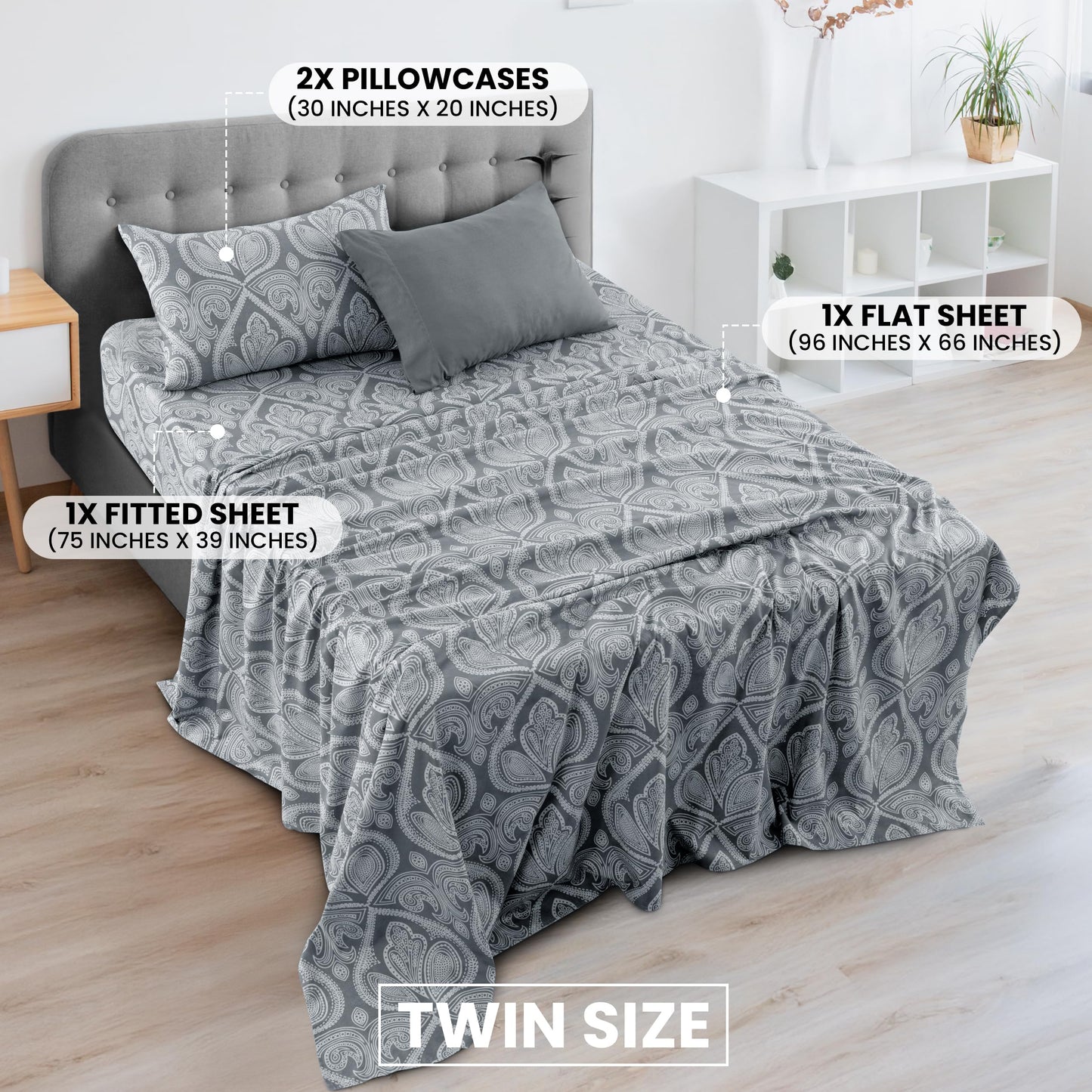 Ultra Soft Wrinkle-Free Microfiber Paisley Twin Sheet Set, Cute Floral Pattern Boho Print – 16" Deep Pocket Fitted Sheet, Flat Sheet & 2 Pillowcases, Breathable, OEKO-TEX - Grey