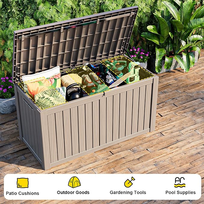 180 Gallon Outdoor Storage Box, Large Resin Deck Box for Patio Furniture Cushion Garden Tools, Waterproof and Lockable Design(Gray)