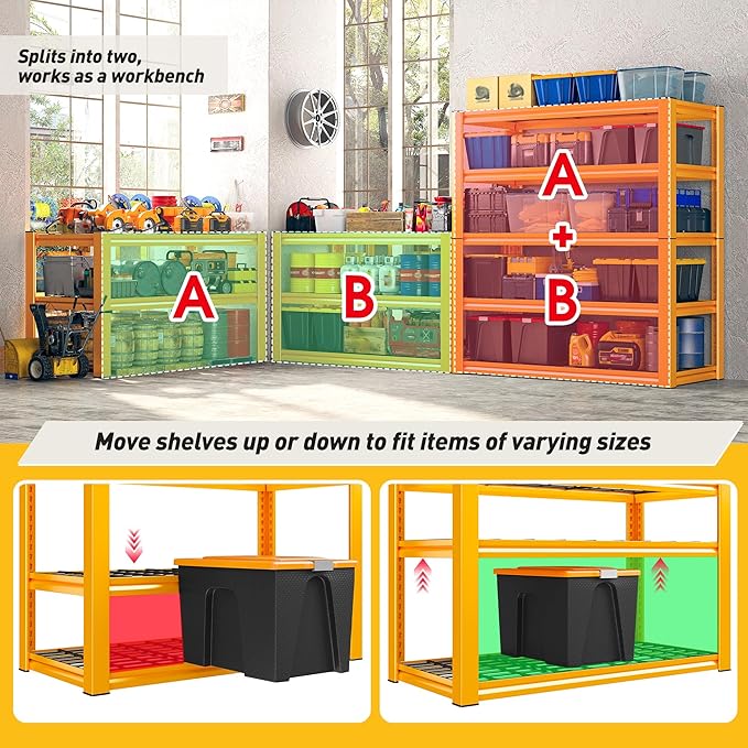 REIBII Garage Shelving Load 3200LBS, 5-Tier Storage Shelves, Adjustable Heavy Duty Metal Shelving Unit for Pantry, Basement, Warehouse, 72" H x 36" W x 16" D H, 3PC