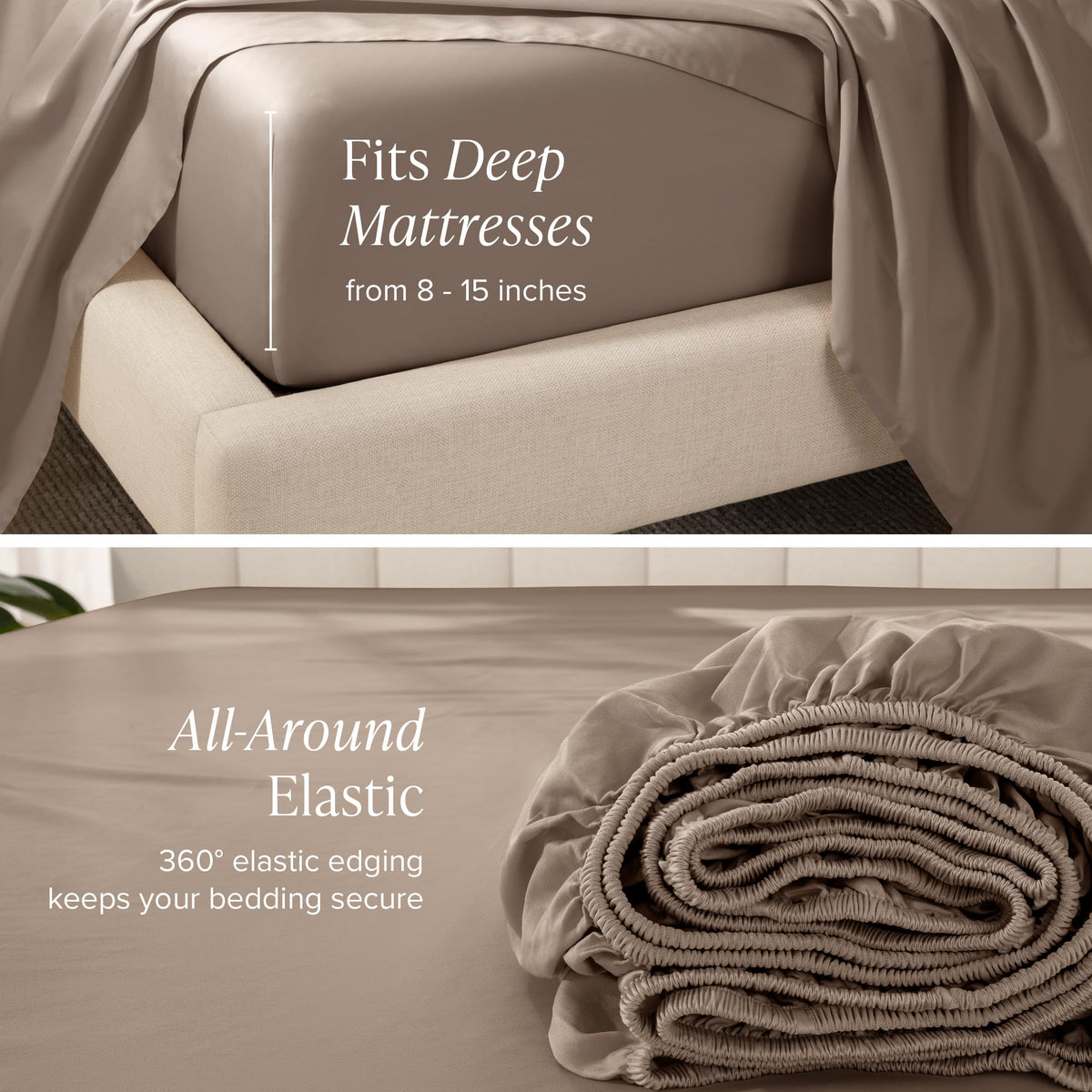 Bare Home 100% Organic Cotton Sateen Fitted Sheet - 400 Thread Count - Smooth Sateen Weave - Breathable & Cooling - Hotel Luxury - Durable Fitted Sheet - Deep Pocket (King, Taupe)