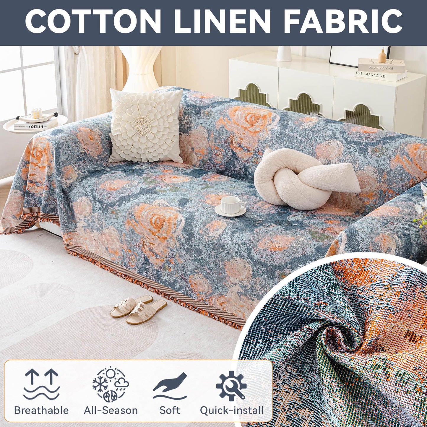 VClife Flower Couch Cover for Sectional Sofa Washable Sofa Cover, Modern Peach Blue Flower Sofa Couch Cover Breathable Anti-Slip Cotton Linen Sofa Slipcover with Tassel Aesthetic Sofa Cover 71"x118"