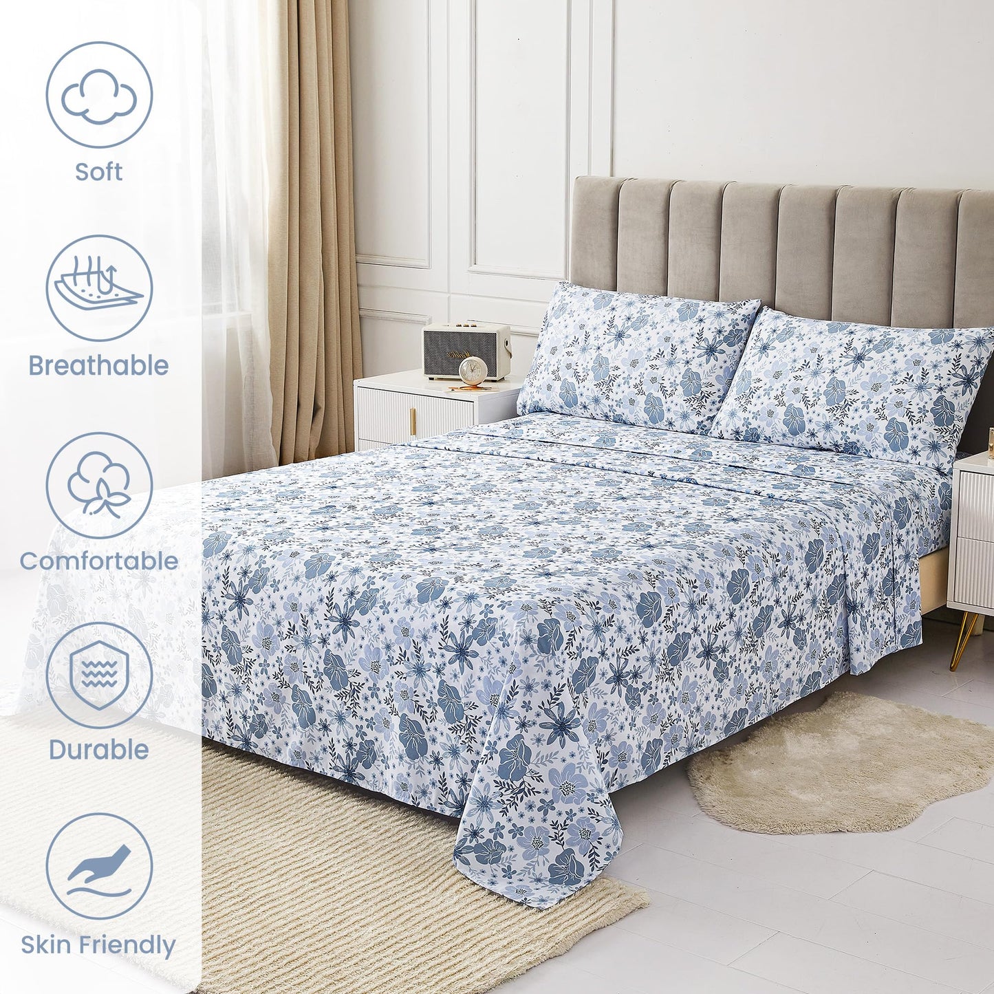 Mooreeke King Size Sheets Set - 4 Piece Soft Breathable Microfiber Bed Sheet Set - Blue & White Flower Pattern Sheet Set King - Deep Pocket Non-Slip Floral Fitted Sheet Included for All Season