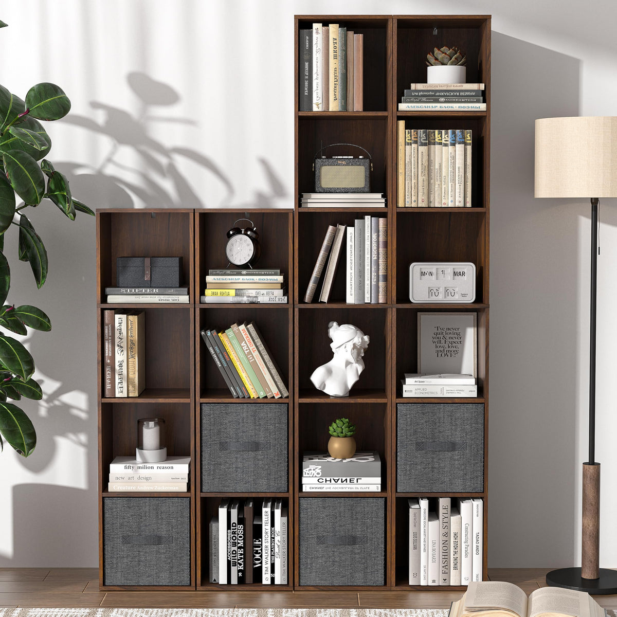 NewBeth 6 Cube Storage Organizer, Narrow Open Shelf Bookcase, Freestanding 6 Tier Low Display Bookshelf for Home Office, Living Room, Bedroom, Dark Brown & Black Walnut