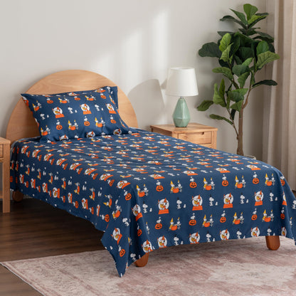 Berkshire Blanket Peanuts® Kids Sheet Set Queen Size - 4 Pieces,Cute Character Snoopy Printed Soft Microfiber Bed Sheets,Halloween Magic Potions Sheet Navy