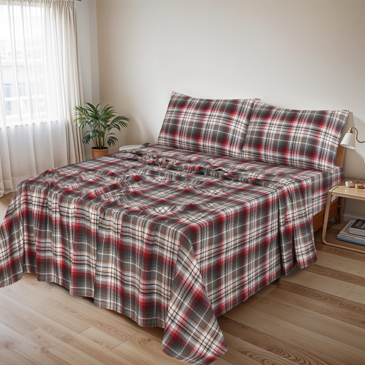 RUVANTI Flannel Sheets King Size - 100% Cotton Brushed King Size Sheets Set - Deep Pockets 16 Inches Bed Sheets - All Seasons Breathable & Extra Soft - Warm & Cozy, 4 Piece, Halloween Check