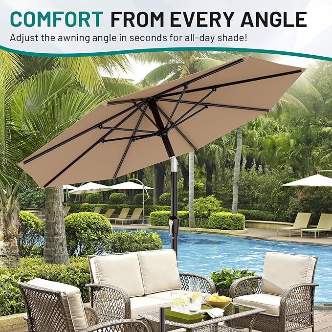 AreShark 9 FT Patio Umbrella for Outdoor, Outdoor Umbrella with Push Button Tilt and Crank, Outdoor Patio Umbrellas with 8 Sturdy Ribs for Market, Garden, Deck, Backyard, Pool (Beige)