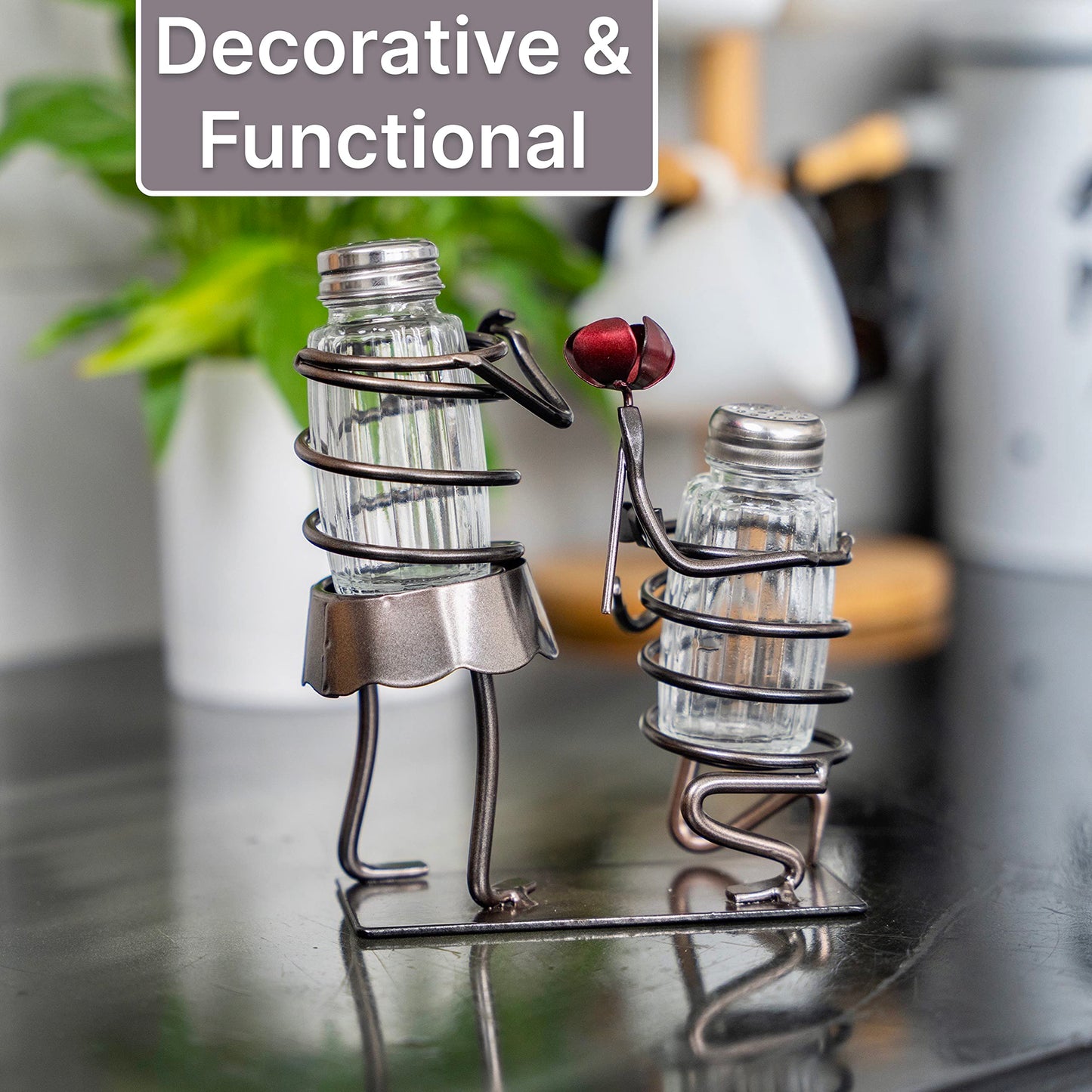 Made Easy Kit Salt and Pepper Couple Glass Shaker Set and Rack - Includes 2 Spice Jars (Couple & Rose)