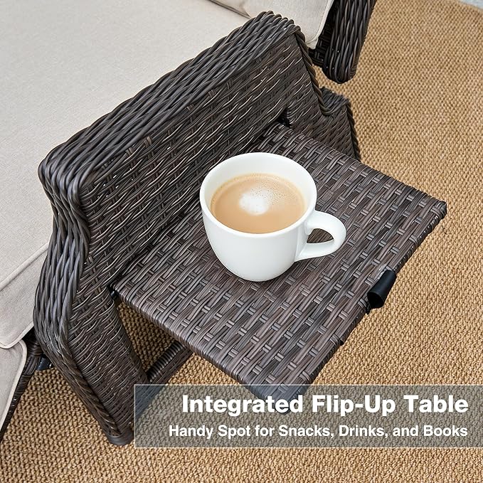 Outdoor Indoor Wicker Recliner with Adjustable Back and Footrest, Patio Reclining Chair with Flip-up Table, Outdoor Rattan Lounge Chair, Beige 2PCS