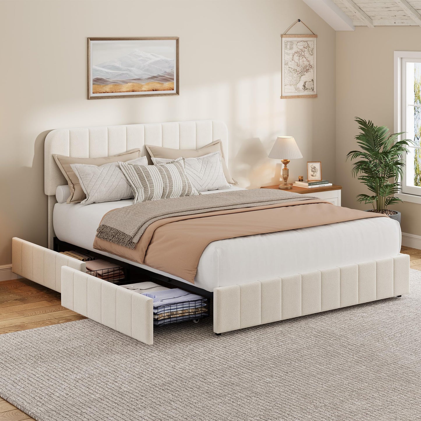 Garvee Queen Size Velvet Bed Frame with 4 Storage Drawers, Upholstered Platform Bed with Vertical Channel Tufted Adjustable Headboard, No Box Spring Needed, Easy Assembly, Beige