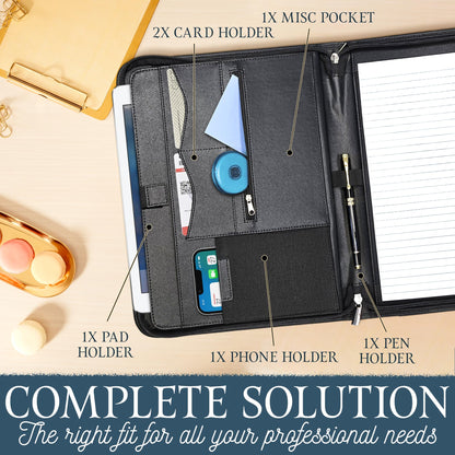 Professional Padfolio for Organized Productivity, Zippered Portfolio, Business Card & Interview Portfolio, Tablet, Laptop, Phone & Folder Holder, Included Pen & Notepad, Antique Teal Binder.