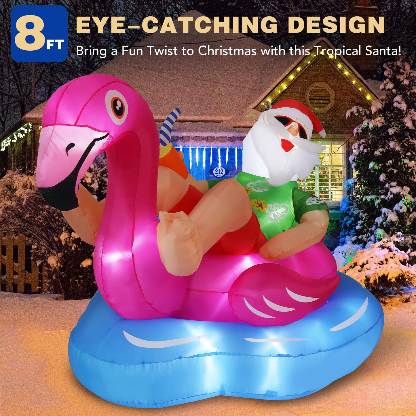 8 FT Hawaiian Santa on Flamingo Pool Float Christmas Inflatables Outdoor Decorations, Christmas Blow Up Santa Claus Yard Decorations for Garden Lawn Xmas Decor