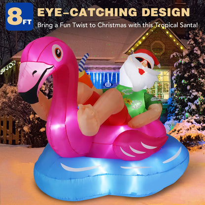 8 FT Hawaiian Santa on Flamingo Pool Float Christmas Inflatables Outdoor Decorations, Christmas Blow Up Santa Claus Yard Decorations for Garden Lawn Xmas Decor