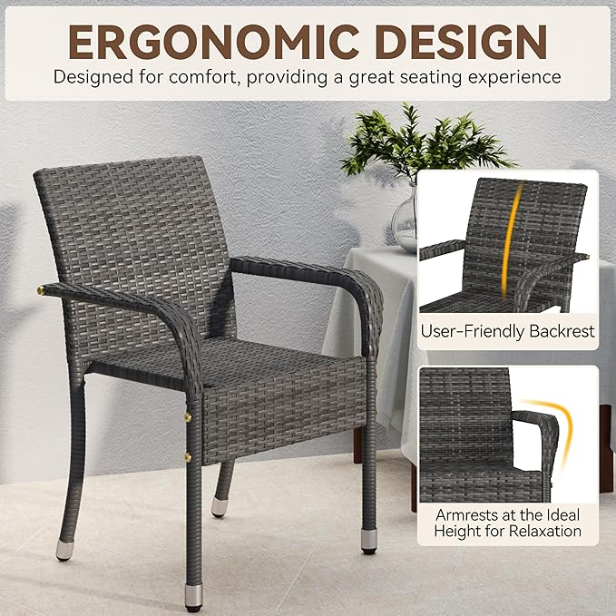 Yaheetech Set of 6 Stackable Outdoor Rattan Dining Chairs, All-Weather Armchair w/Armrests, Steel Frame for Garden, Patio, Deck, Yard, Poolside Gray