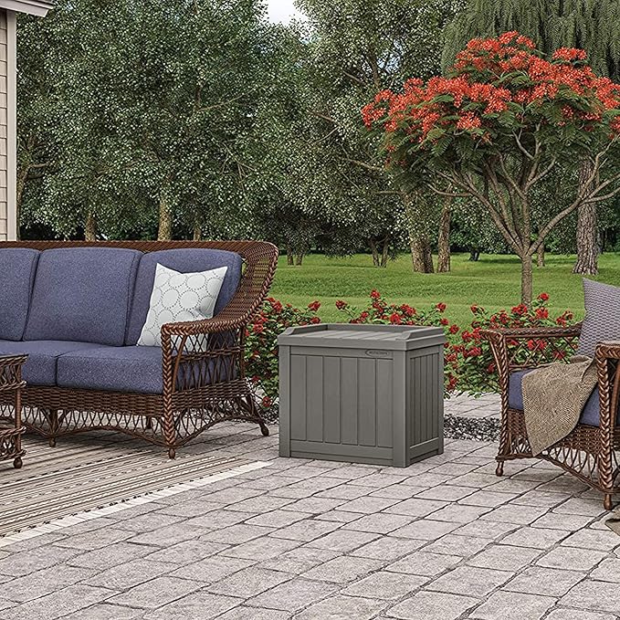 Suncast Outdoor Storage Box - 22 Gallon Stone Gray Resin Outdoor Deck Box with Seat, Weatherproof Patio Storage Bin Container for Keeping Cushions, Tools, & Towels for Pool, Yard, & Garden