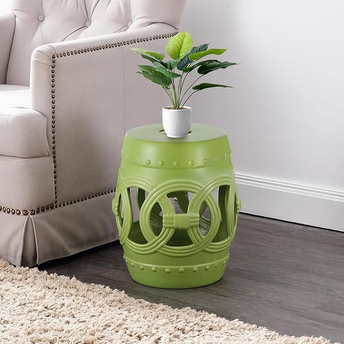 JONATHAN Y TBL1022H Lucky Coins 16" Chinese Ceramic Drum Indoor/Outdoor Garden Stool Bohemian, Coastal, Cottage, French Country, Traditional, for Living Room, Garden Room, Patio, Matte Green