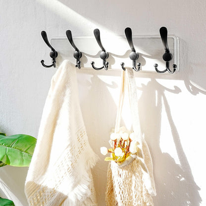 Dseap Coat Rack Wall Mounted - 5 Tri Hooks, Heavy Duty, Wooden Wall Coat Hanger Coat Hook for Clothes Hat Jacket Clothing, White & Black