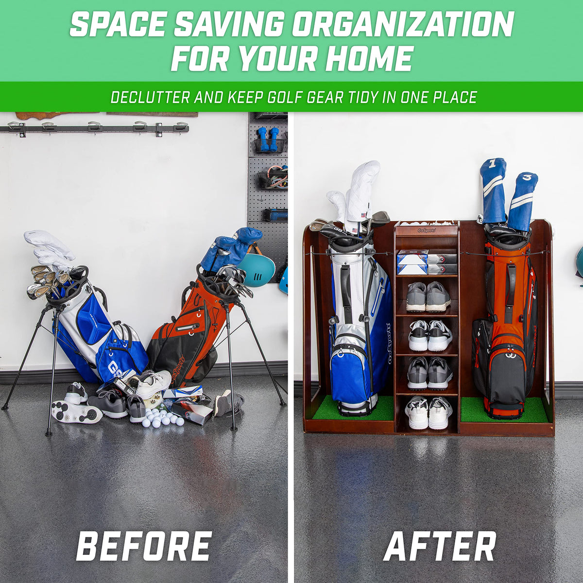 GoSports Premium Wooden Golf Bag Organizer and Storage Rack - Choose Your Style