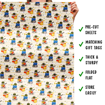 CENTRAL 23 Beige Halloween Wrapping Paper - 6 Sheets with Frogs Playing Musical Instruments - Birthday Wrap for Boys, Girls & Music Fans - Christmas Festivities, School Events