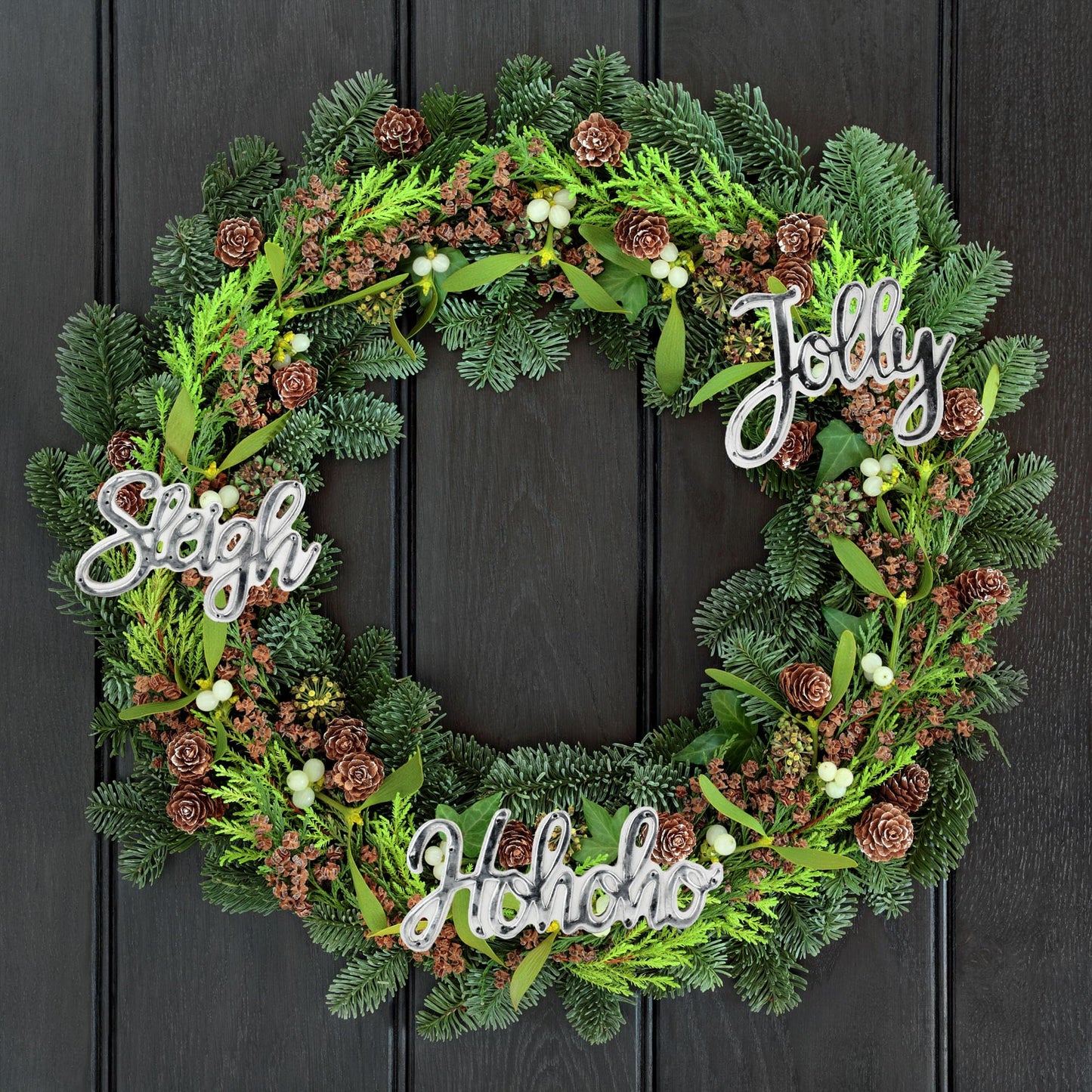 AuldHome Design Large Farmhouse Christmas Word Art Ornaments in Galvanized Rustic Tin Script w/Jolly, Sleigh and Hohoho, (Set of 3 7-Inch Signs)