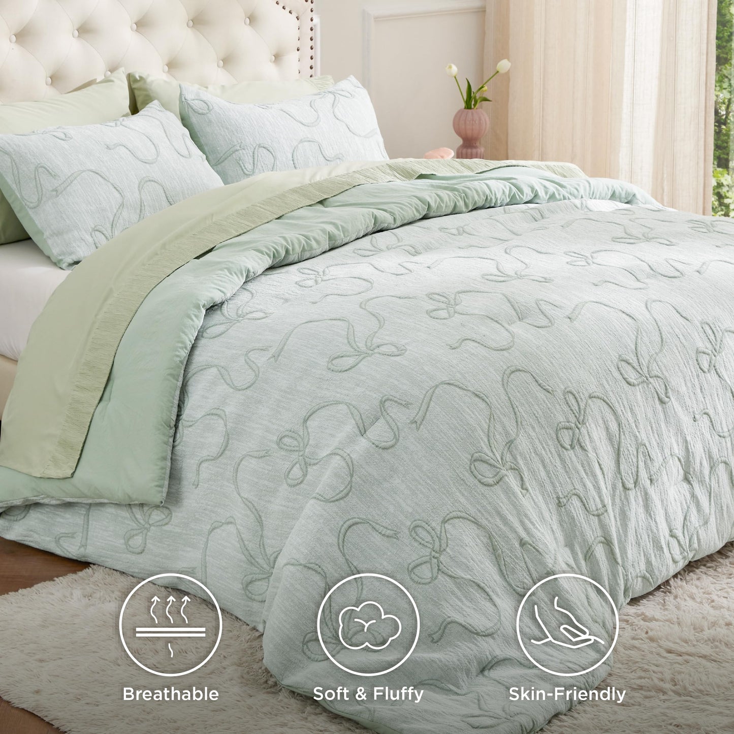 Bedsure Sage Green King Size Comforter Set, GentleSoft™ 3 Pieces Breathable Bow Comforter Set Women with 2 Pillow Shams, Cute King Bedding Set Room Decor Aesthetic Bedroom Decor, 104x90 Inches