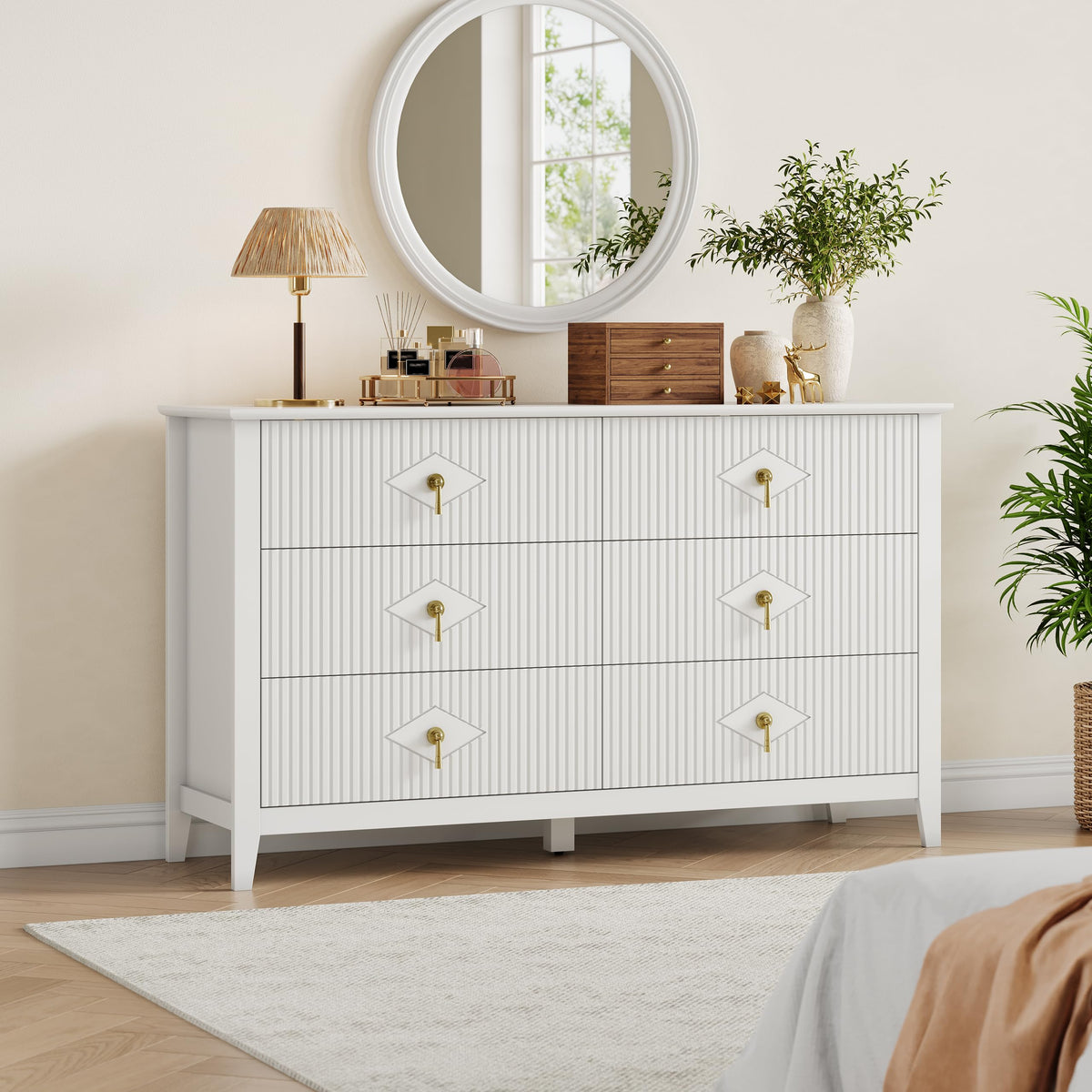 GarveeHome Fluted Dresser for Bedroom, 54 Inch Wide 6-Drawer Wood Dresser, Modern Chest of Drawers, Storage Organizer Cabinet for Living Room, Hallway, Entryway, White