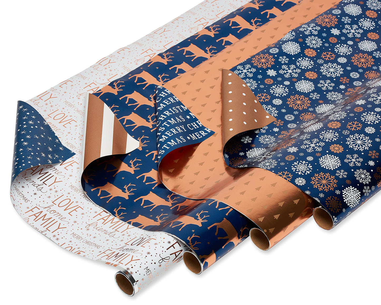 American Greetings Foil Christmas Wrapping Paper Rolls, Metallic Rose Gold and Navy Blue Holiday Gift Wrap (80 sq. ft., 4 Rolls-30 in. x 8 ft., Reversible) Snowflakes, Reindeer, Merry Christmas