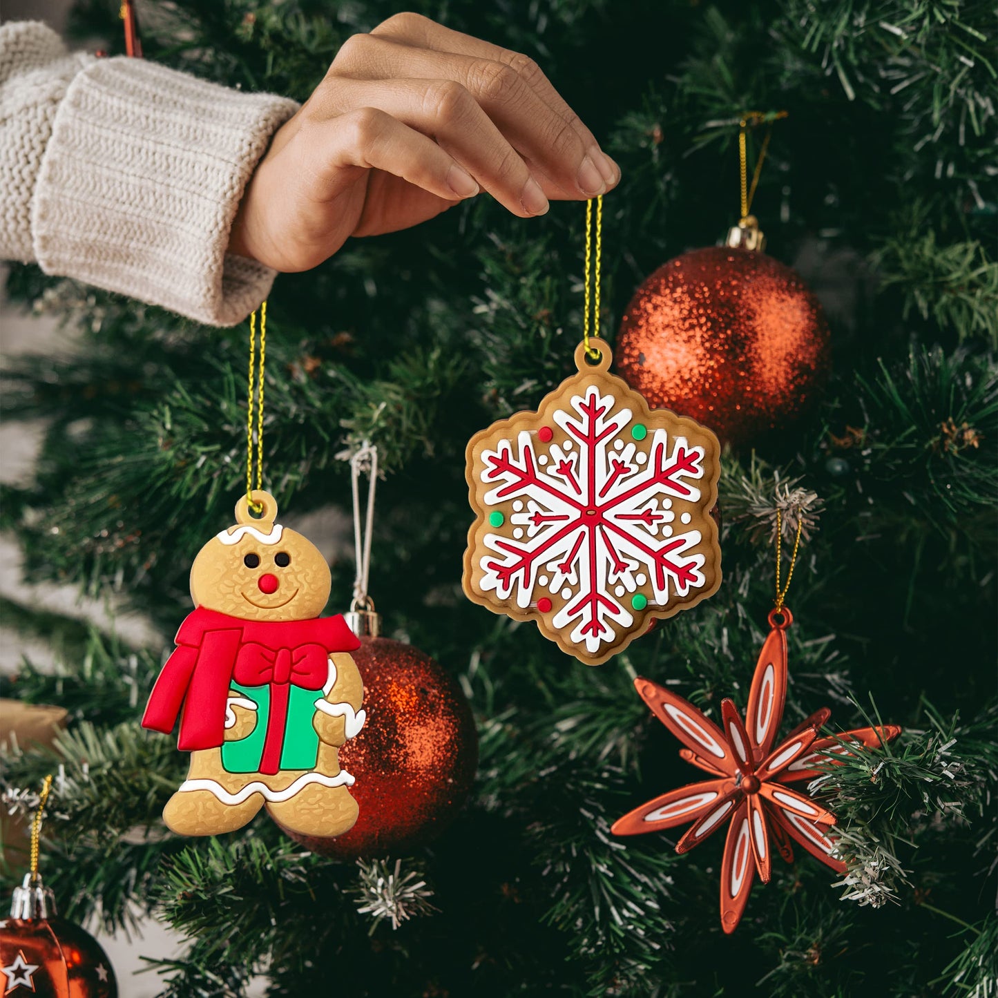 12pcs Christmas Ornaments Cute Snowman Xmas Tree Decorations Santa Claus Plastic Figurines Ornaments with Sugar Cookie House for Christmas Tree Hanging Party DIY Decor 3 Inch Tall