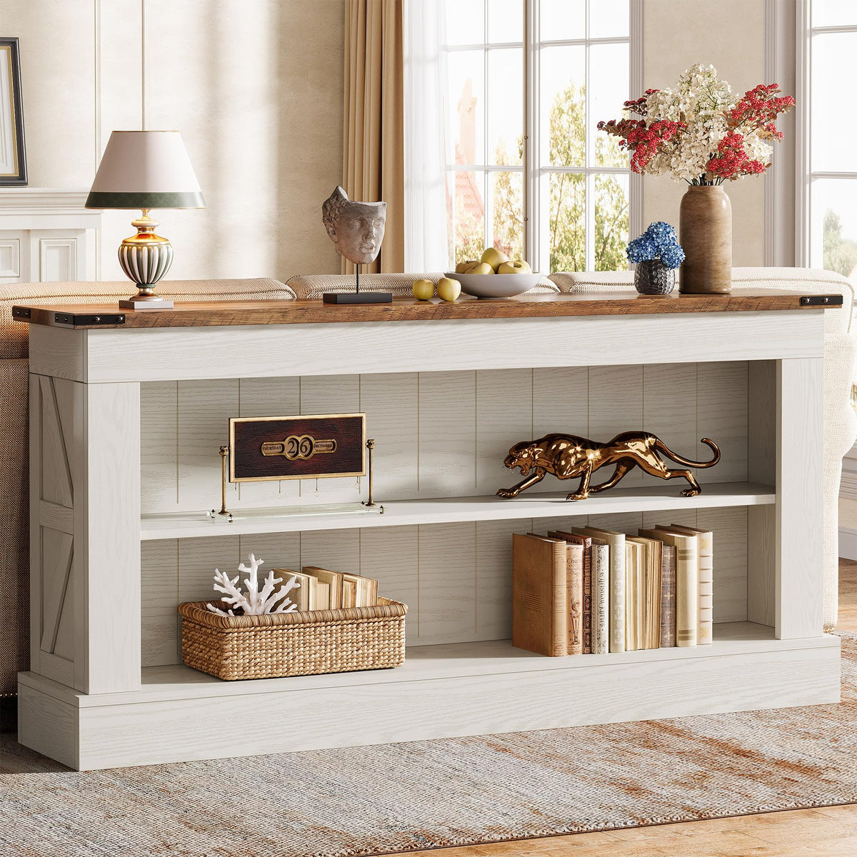 Tribesigns 63-Inch Long Console Table for Entryway, Narrow Long Entry Table with Shelves for Living Room, Farmhouse Sofa Console Behind Couch, for Foyer, Hallway, White and Brown